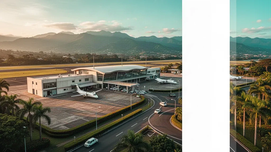 Terminal moderno e piazzale aeromobili presso l'Aeroporto Internazionale Tobías Bolaños a Pavas, San José, Costa Rica, durante l'ora d'oro
