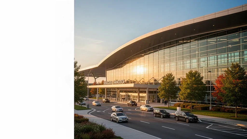 Modern glass terminal exterior at Syracuse Hancock International Airport during golden hour, with drop-off lanes and clear sky.