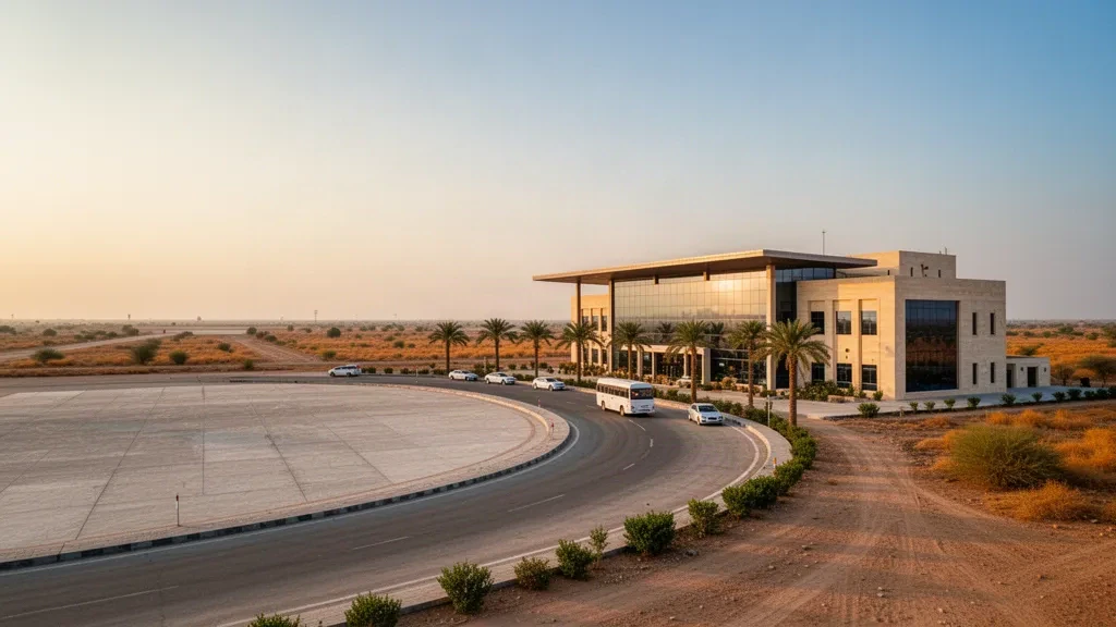 Terminal moderna de poca altura, carril de descenso y explanada bordeada de palmeras en el aeropuerto de Sehwan Sharif, en Sindh, Pakistán, con luz de hora dorada.