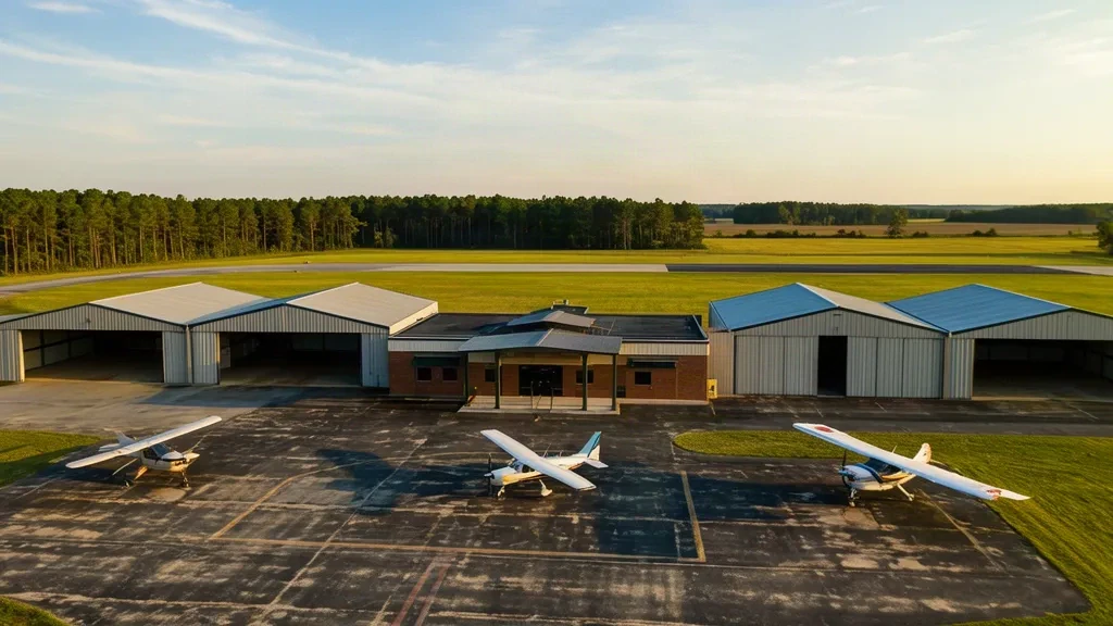 Avions légers amarrés sur l'aire à côté de hangars métalliques à l'aéroport de Sylvester dans le comté rural de Worth, Géorgie