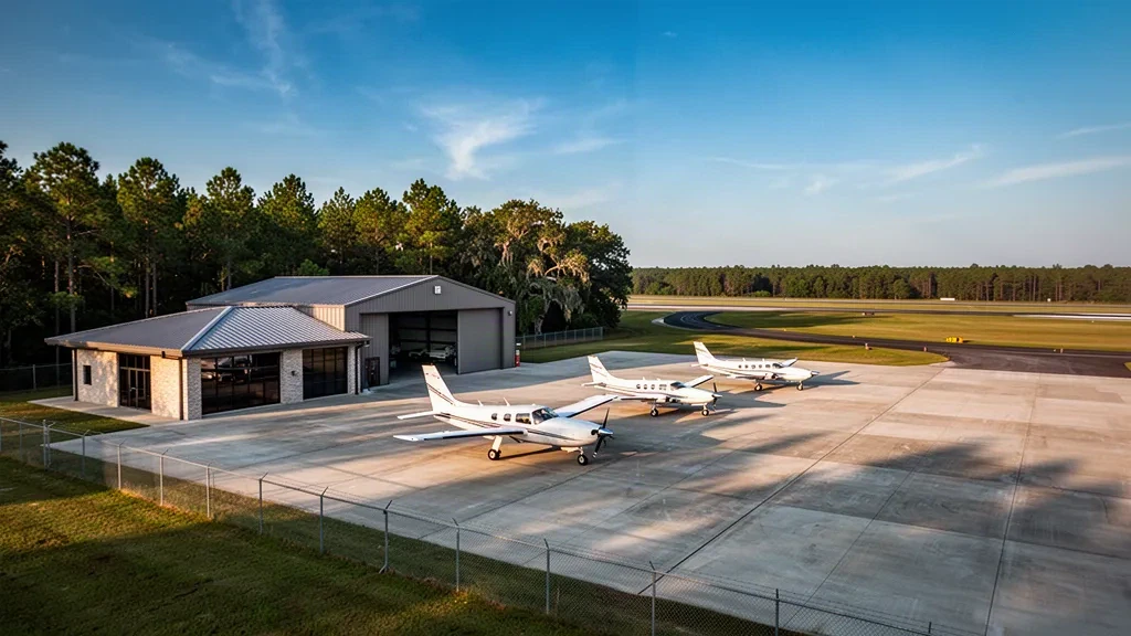 Piccolo terminal per aviazione generale, hangar e aerei leggeri parcheggiati sul piazzale soleggiato dell'Aeroporto di Sylvester in Georgia