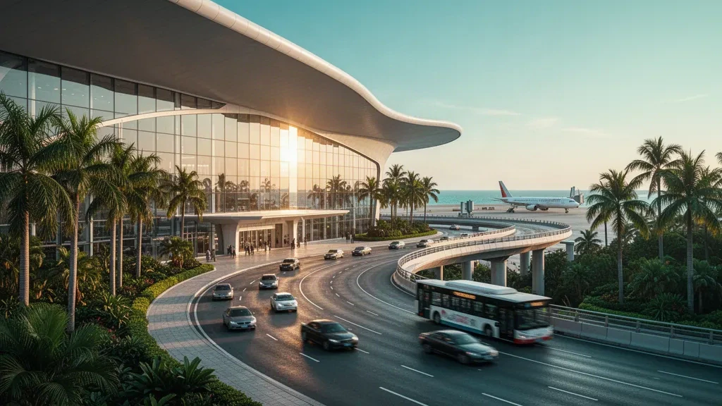 Modern curved terminal exterior at Sanya Phoenix International Airport with palm trees, glass facades and warm tropical golden-hour light