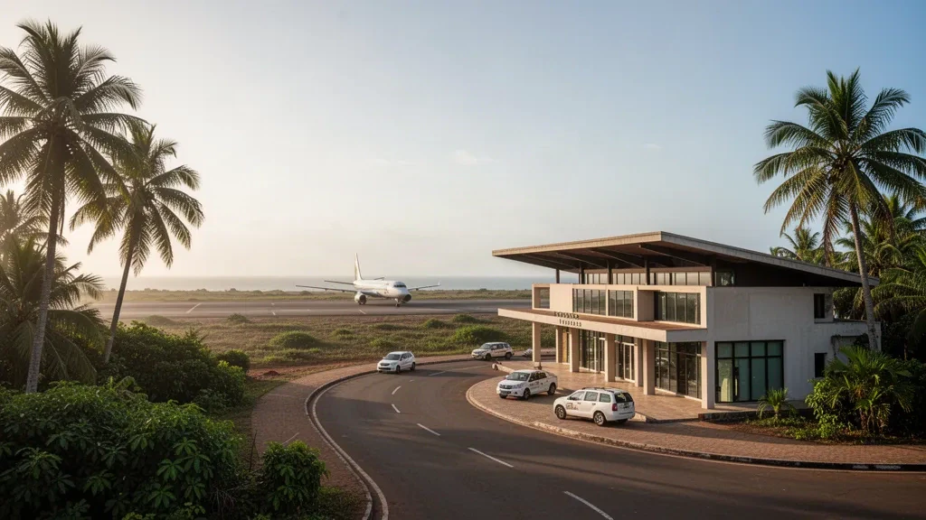 Modern Soyo Airport terminal in coastal Angola at golden hour, with palm trees, apron and Atlantic horizon