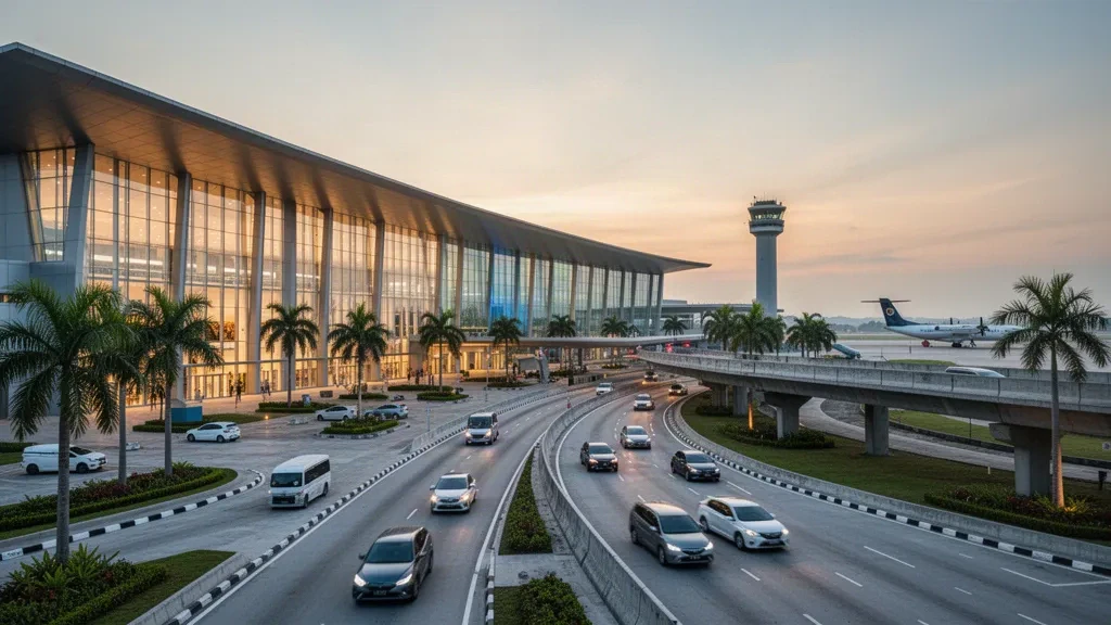 Facciata moderna in vetro del terminal e strada di accesso per la riconsegna bagagli all'Aeroporto Sultan Abdul Aziz Shah a Subang, Malesia, illuminata al crepuscolo con paesaggio tropicale