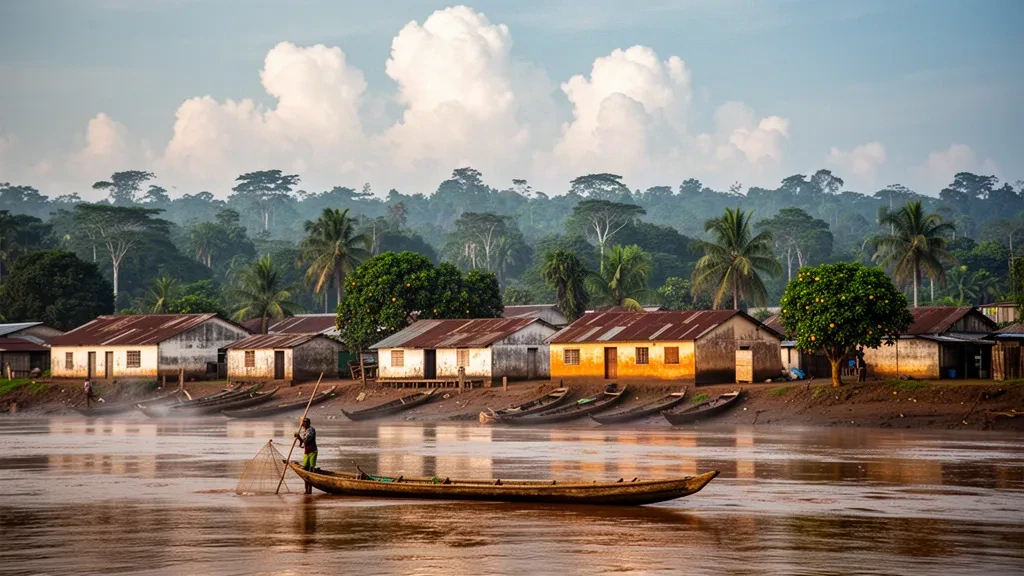 Blick auf Lisala am Flussufer in der Provinz Mongala, DR Kongo, mit hölzernen Pirogen auf dem Kongo-Fluss und Regenwald dahinter