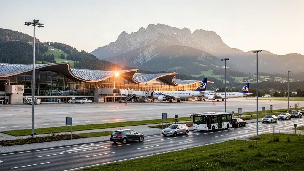 Modernes Glas-Terminal des Flughafens Salzburg mit Alpenbergen im Hintergrund zur goldenen Stunde, saubere Vorfahrtzone und abgestellte Flugzeuge