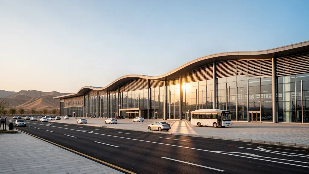 Extérieur du terminal en verre et en acier avec voies de dépose à l'aéroport de Shuozhou Zirun, dans le Shanxi, à l'heure dorée