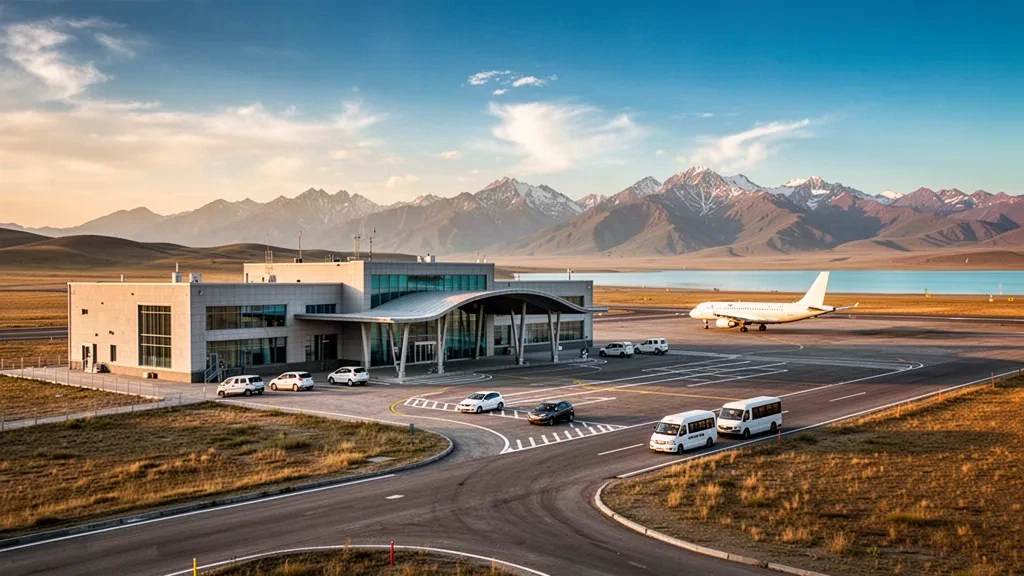 Terminal moderna y plataforma del aeropuerto de Zaysan bajo un amplio cielo estepario kazajo cerca del lago Zaysan, fotografiadas con la cálida luz de la hora dorada