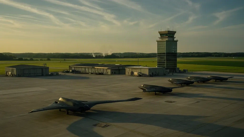 Tarnkappenbomber auf dem Vorfeld mit Hangars und Kontrollturm am Whiteman Air Force Base bei Knob Noster, Missouri