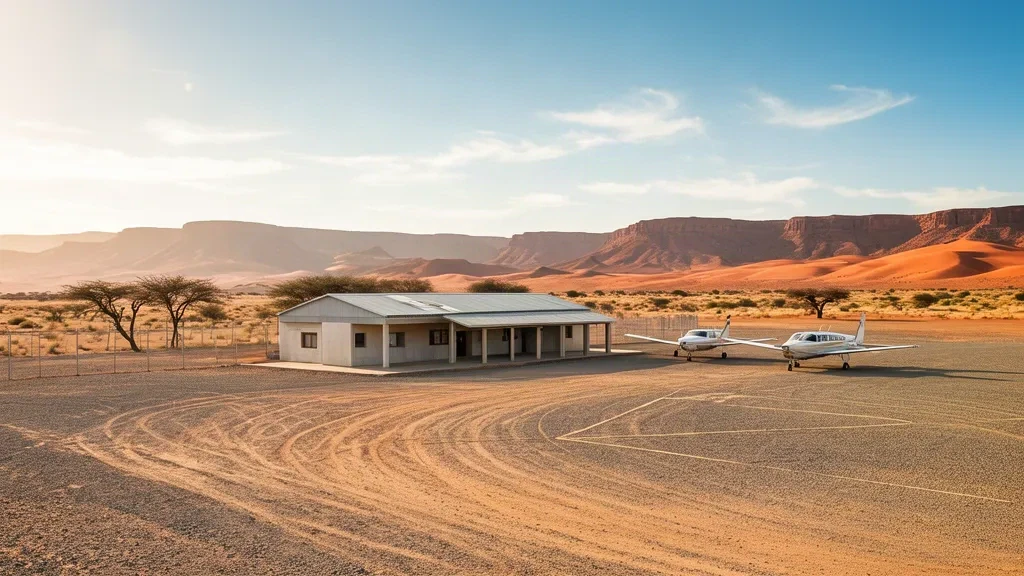 Kleines Wüstenterminal und Schottervorfeld am Sesriem Flughafen SZM, Tor zur Namib-Wüste und den Sossusvlei-Dünen in Namibia.
