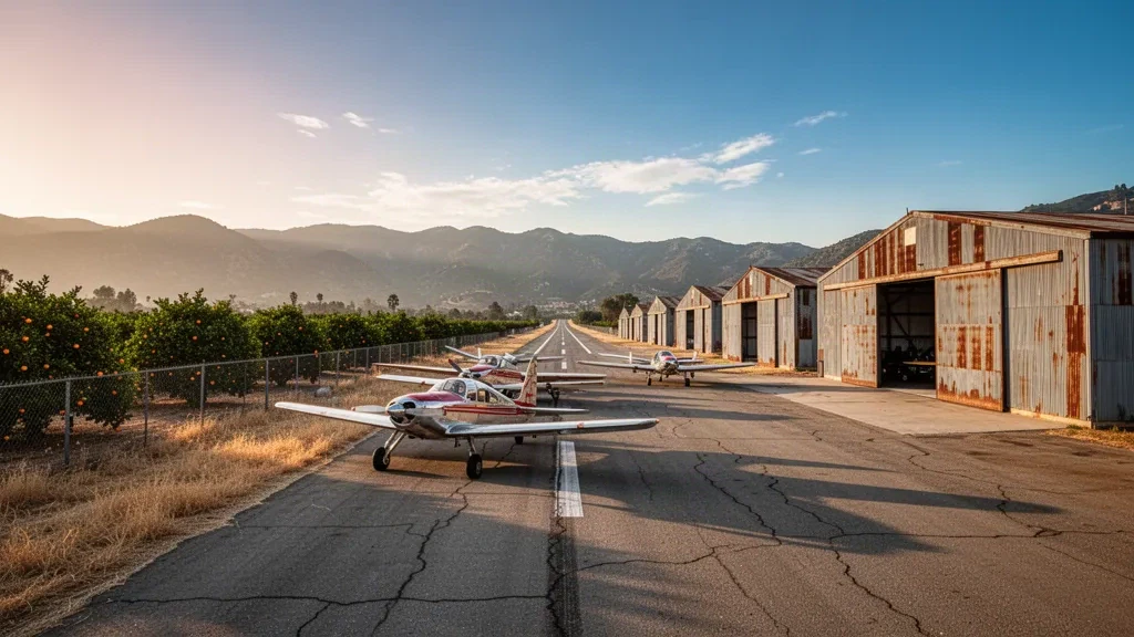 Vintage single-engine aircraft and weathered hangars beside the runway at Santa Paula Airport, framed by citrus groves and distant California hills at golden ho