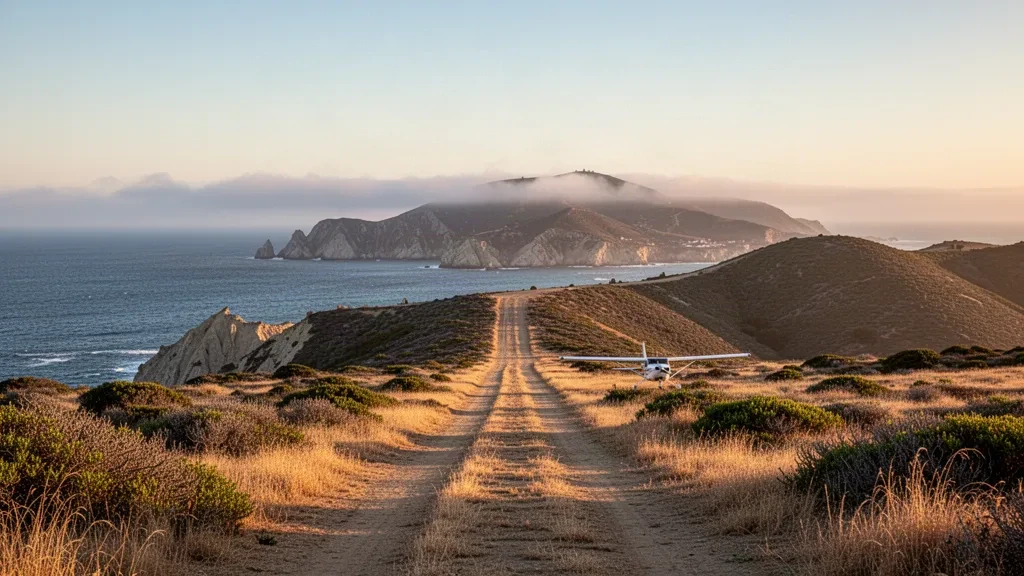 Remote dirt island airstrip on Santa Cruz Island with golden coastal hills, Pacific Ocean views and a small parked aircraft at sunset