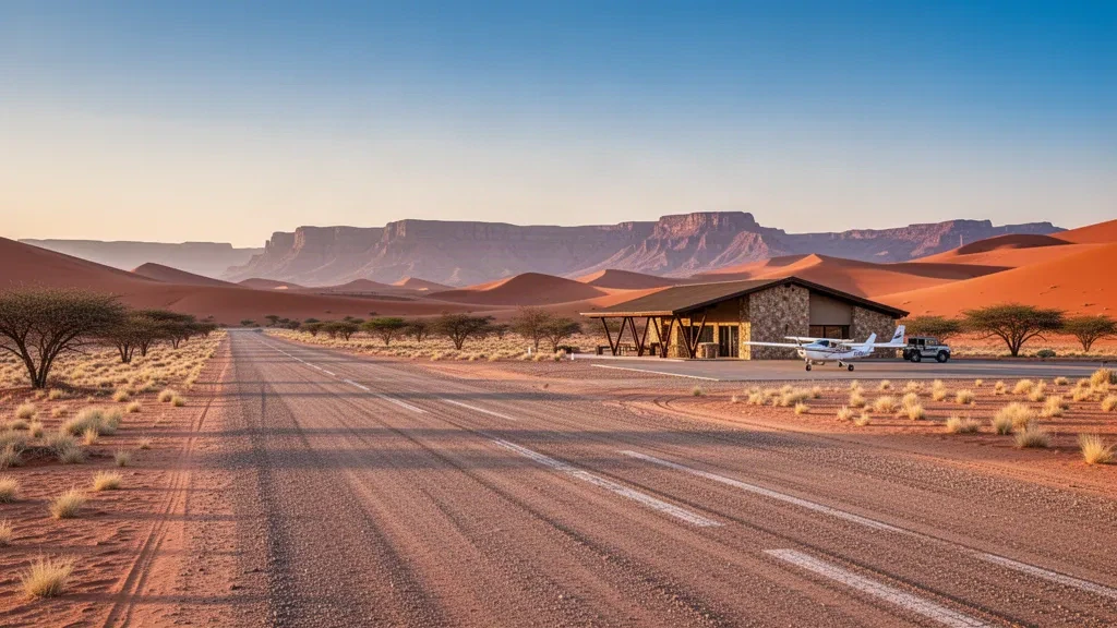 Pista di ghiaia e piccolo terminal nel deserto all'aeroporto di Sesriem nel deserto del Namib, Namibia, illuminati dalla calda luce dorata del tramonto