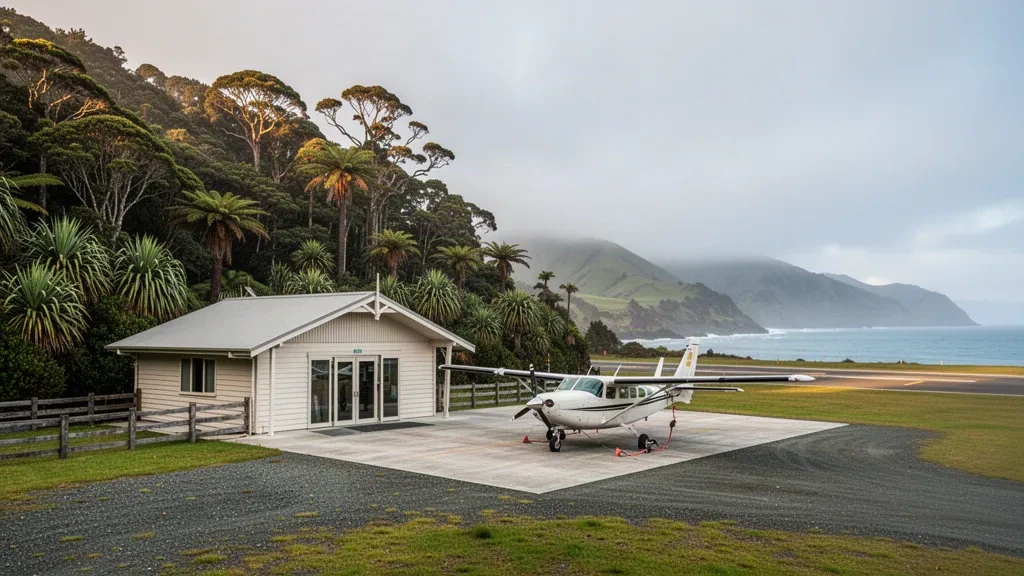 Ryan's Creek Aerodrome on Stewart Island, with its small terminal, short gravel runway and forested hills under soft southern light.