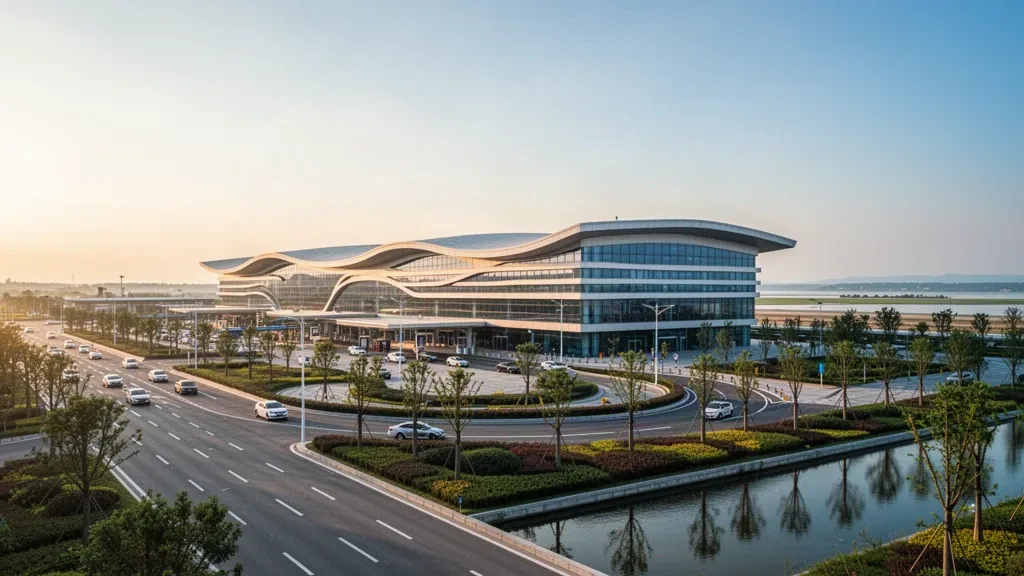 Terminal moderna de cristal y carriles de descenso en el aeropuerto de Suzhou Guangfu fotografiados a la hora dorada, con carreteras ajardinadas en primer plano