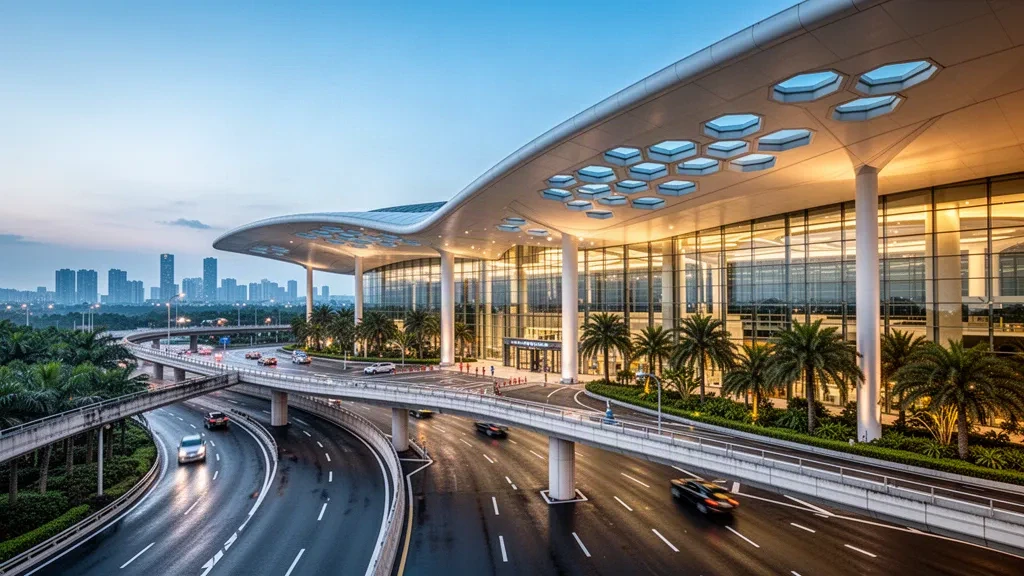 Shenzhen Bao'an Uluslararası Havalimanı Terminal 3'ün alacakaranlıkta geniş beyaz çatısı, cam cephesi ve bağlantı yollarıyla modern dış görünümü.