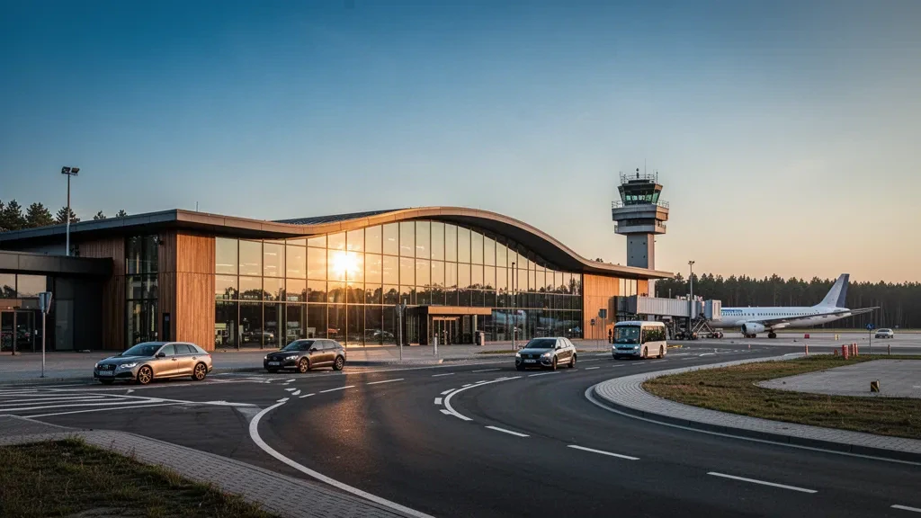 Modernes Glasterminal und Abholspuren am Flughafen Solidarity Szczecin-Goleniow im warmen Licht der goldenen Stunde, mit einem Verkehrsflugzeug auf dem Vorfeld.