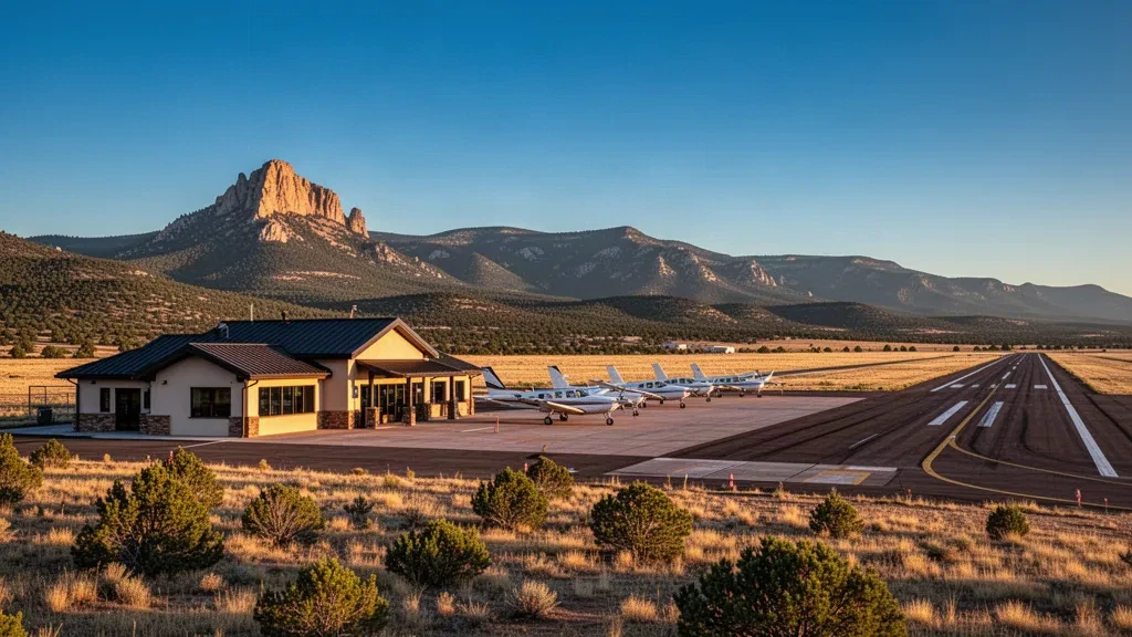 Pequeño edificio terminal, plataforma y pista en el aeropuerto Perry Stokes, cerca de Trinidad, Colorado, con estribaciones montañosas al fondo bajo una cálida luz vespertina