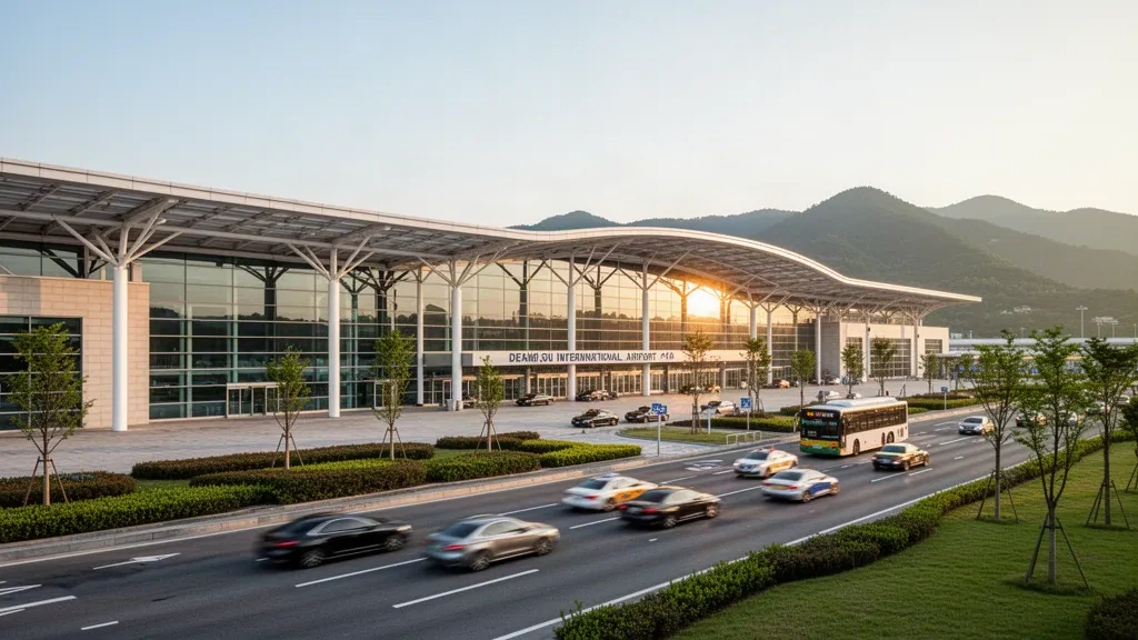 Terminal moderna de cristal y vía de acceso junto a la acera en el Aeropuerto Internacional de Daegu bajo una cálida luz de final de tarde, enmarcados por montañas lejanas