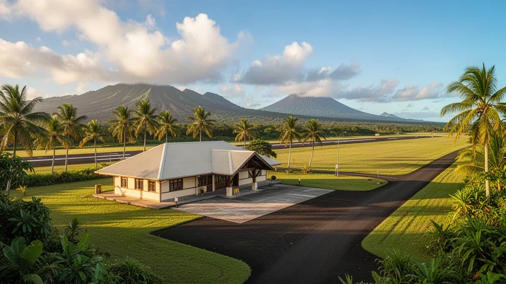 Kleines tropisches Terminal und grasgesäumte Startbahn am Whitegrass Airport auf Tanna Island, Vanuatu, im warmen Licht des späten Nachmittags.