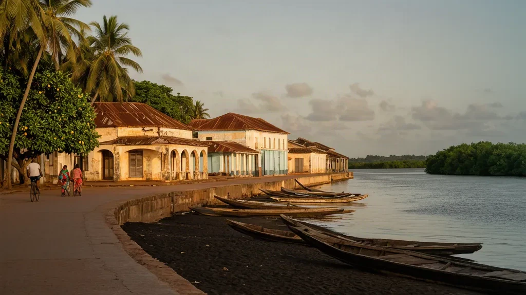 Bâtiments coloniaux en bord de mer et pirogues en bois sur le fleuve Geba à Bissau, en Guinée-Bissau, pendant une douce lumière dorée