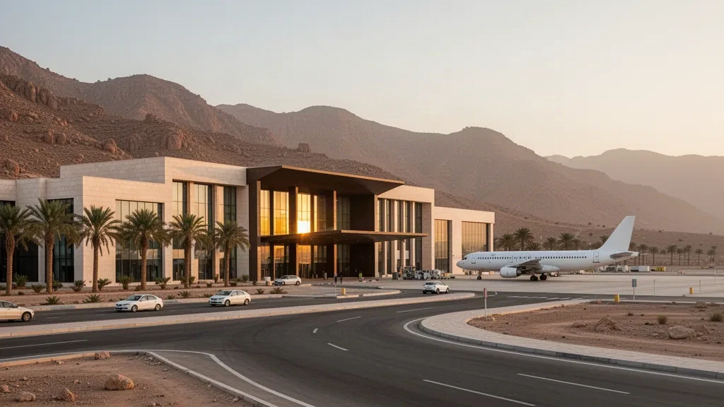 Terminal exterior and palm-lined access road at Taiz International Airport in Yemen, with highland mountains and warm golden-hour light