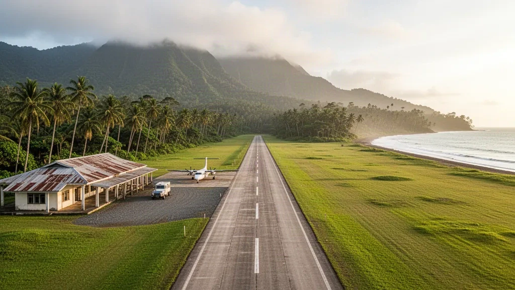 Small tropical airfield at Tadji Airport near Aitape, Papua New Guinea, with a palm-lined runway and green mountains beyond.