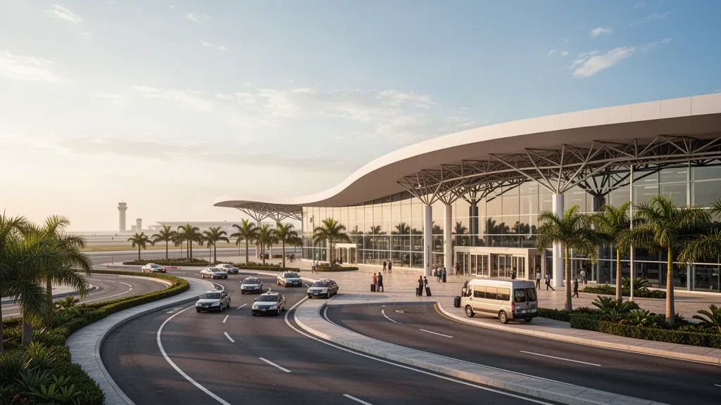 Moderne Glasfassade des Terminals und Bringspuren am Internationalen Flughafen Tampico in Tamaulipas, Mexiko, in warmem goldenem Küstenlicht.