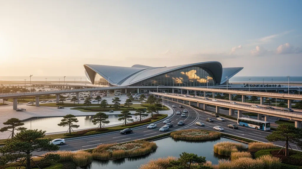 Terminal contemporánea de cristal y carriles elevados de llegada en el Aeropuerto Internacional de Qingdao Jiaodong bajo una cálida luz dorada