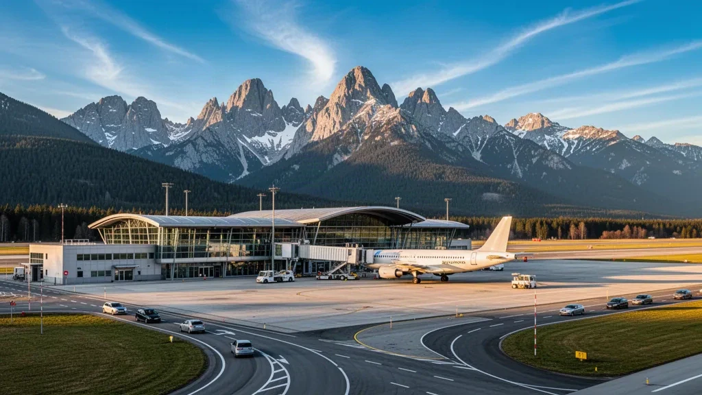 Altın saatlerde arkasında karla kaplı Yüksek Tatralar yükselen Poprad-Tatry Havalimanı'nın modern terminali ve apronu