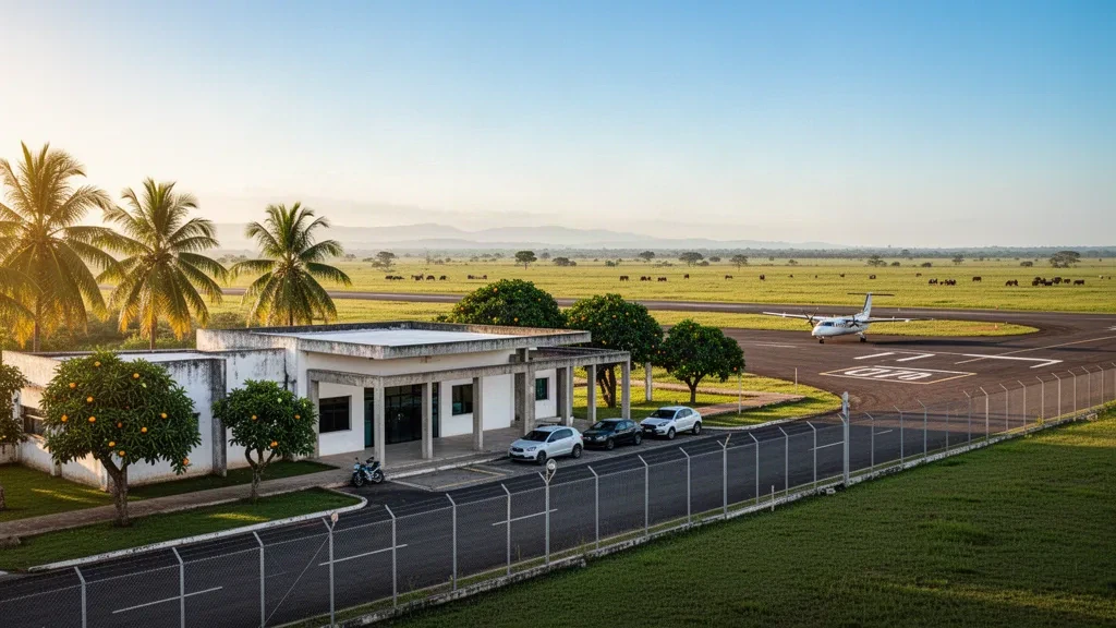 Pequeña terminal regional y pista en el Aeropuerto de Tauramena, en Casanare, Colombia, rodeada de sabana tropical de los llanos durante la hora dorada