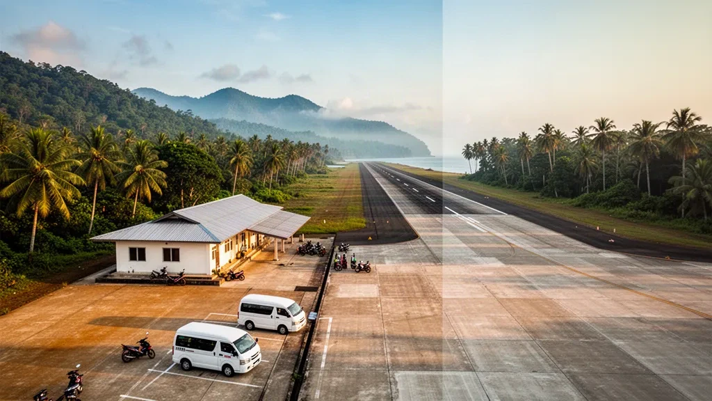 Remote tropical airport terminal and seaside runway surrounded by palm trees and green hills on Taliabu Island, North Maluku, at golden hour