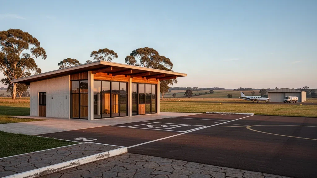 Pequeña terminal de aeropuerto regional y plataforma en la zona rural de Tacuarembó, Uruguay, iluminadas por la cálida luz del atardecer