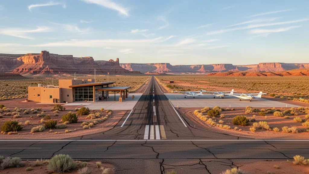 Kleine Wüstenstartbahn und abgestellte Leichtflugzeuge am Tuba City Airport in Arizona, umrahmt von roten Mesas unter einem weiten Südwest-Himmel
