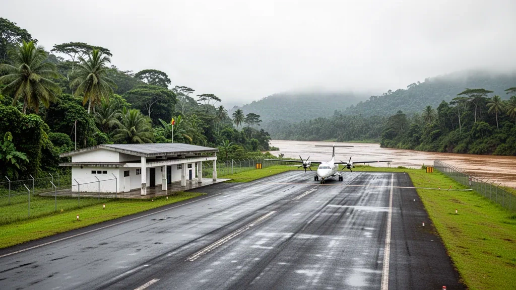 Pequeña pista rural y terminal modesta en el Aeropuerto de Timbiquí, en Cauca, Colombia, rodeados de densa selva tropical