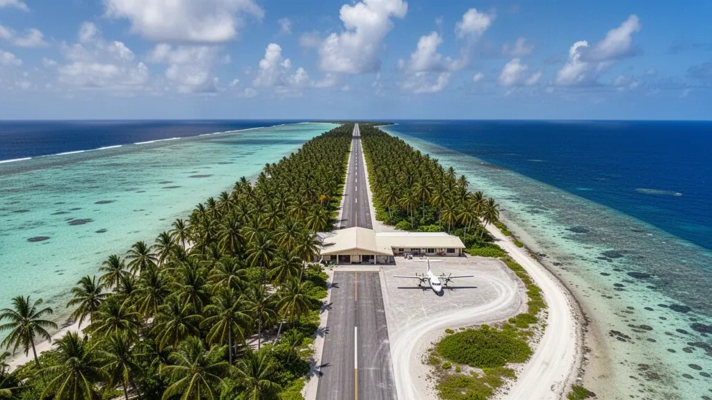 Vue aérienne de l'aéroport de Tabiteuea North à Kiribati, une piste en corail traversant les cocotiers entre un lagon turquoise et l'océan Pacifique ouvert.