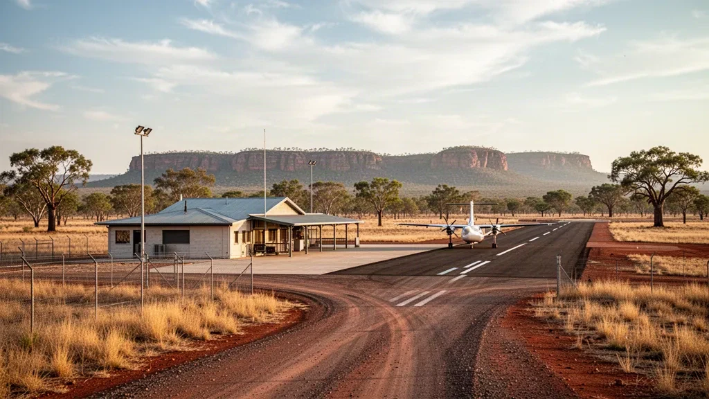 Petit avion régional stationné sur la piste de l'aéroport de Timber Creek, dans la savane du Territoire du Nord australien, à l'heure dorée