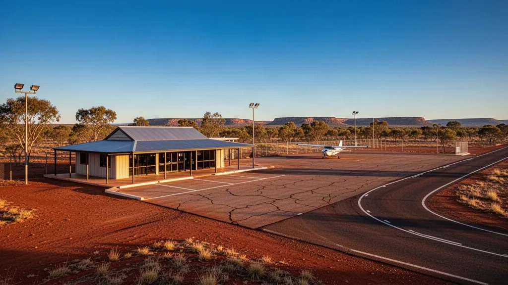 Terminal dell'aeroporto di Tableland Homestead e piazzale ombreggiato nell'ora dorata, con un piccolo aereo accanto a terra rossa e arbusti secchi dell'outback
