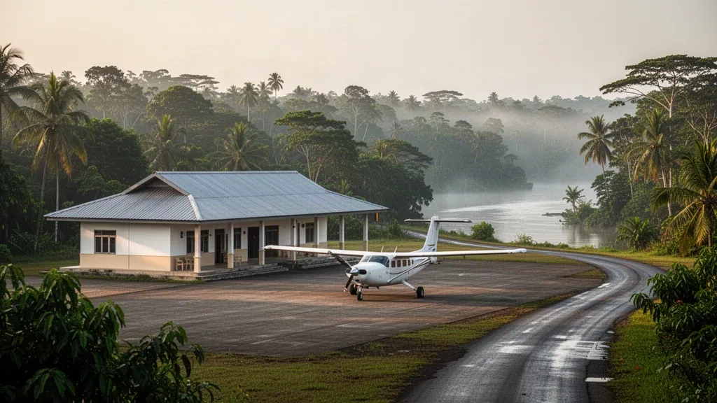 Pequeña terminal tropical y plataforma en el aeropuerto de Tumbang Samba, en Kalimantan Central, rodeada de selva tropical y niebla matinal