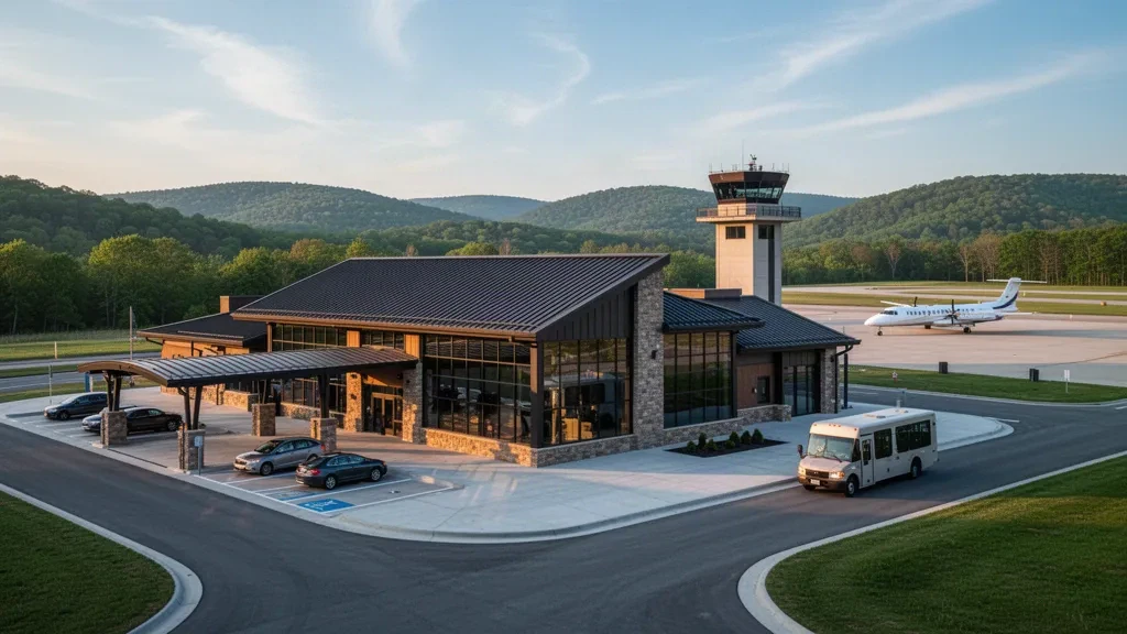 Terminal moderna de una sola planta y bucle de recogida en la acera del aeropuerto regional de Waynesville-St. Robert en las Ozarks de Misuri a la hora dorada
