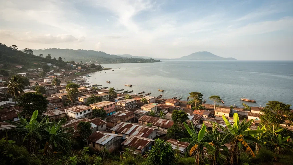 Vista elevada de Bukavu, Kivu del Sur, RDC, con edificios de techos de hojalata en la ladera descendiendo hacia el lago Kivu y barcos de pesca de madera a lo largo de la orilla.