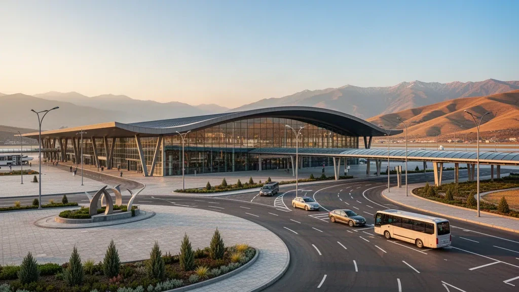 Modern glass terminal exterior and drop-off forecourt at Tbilisi International Airport in Georgia, lit by warm golden-hour light