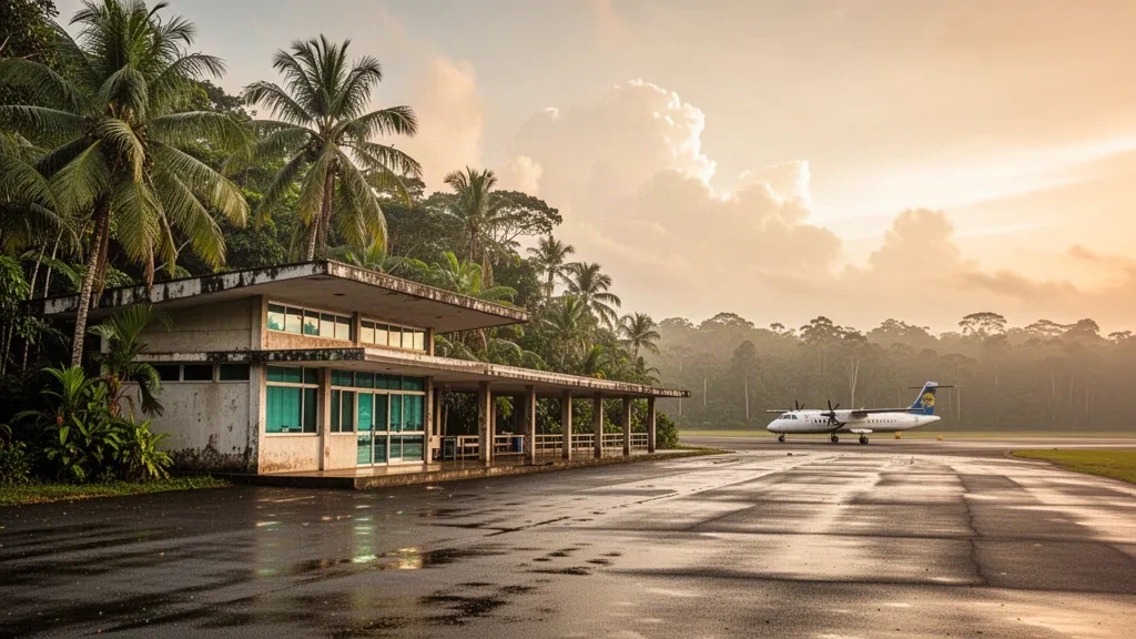 Low-rise glass and concrete terminal at Tabatinga International Airport in the Brazilian Amazon, ringed by rainforest in warm golden-hour light