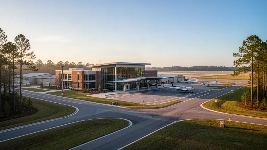 Terminal et aire de trafic de l'aéroport de Statesboro Bulloch County avec des aéronefs d'aviation générale sous le ciel doré de Géorgie.