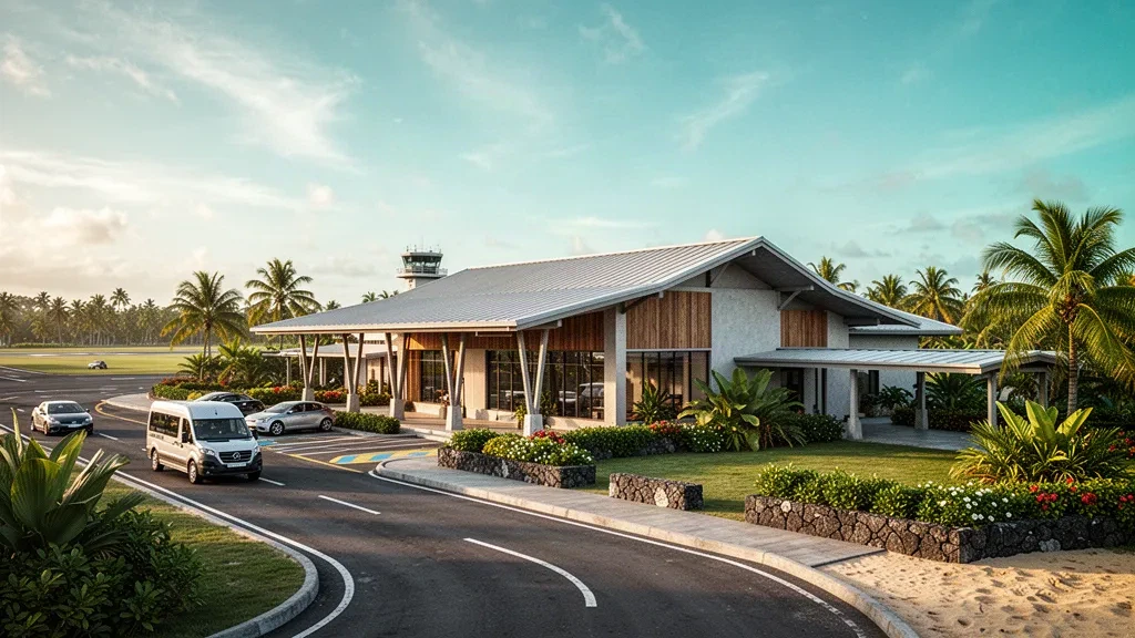 Esterno tropicale del terminal dell'aeroporto internazionale Fua'amotu in Tonga, con strada d'accesso fiancheggiata da palme e calda luce del Pacifico