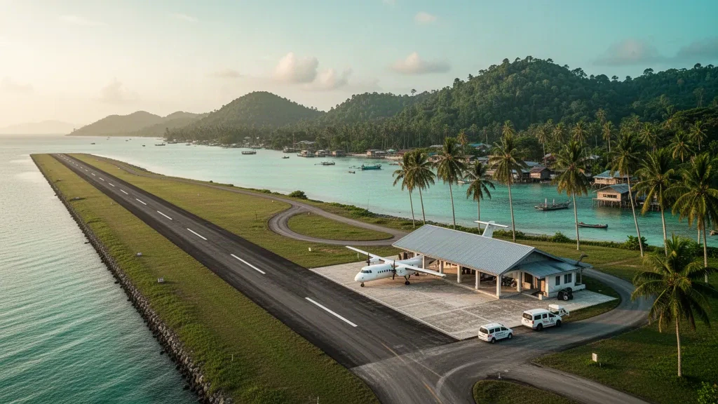 Pequeña pista de aterrizaje de una isla tropical y aldea costera del Aeropuerto de Tambelan en las islas Riau de Indonesia durante la hora dorada