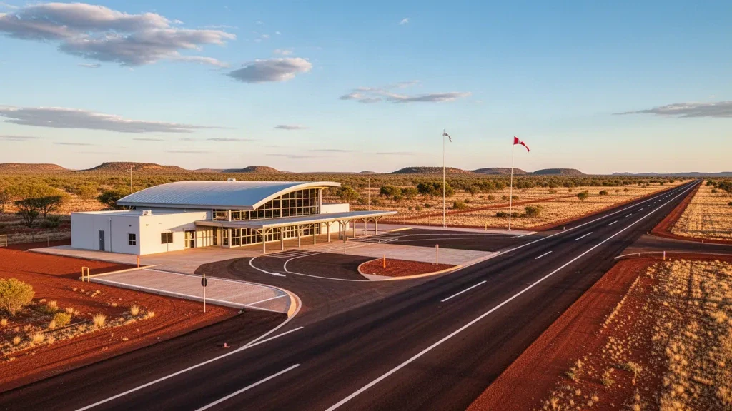 Terminal e pista dell'Aeroporto di Tennant Creek nell'entroterra del Territorio del Nord sotto un cielo azzurro e limpido durante l'ora d'oro.
