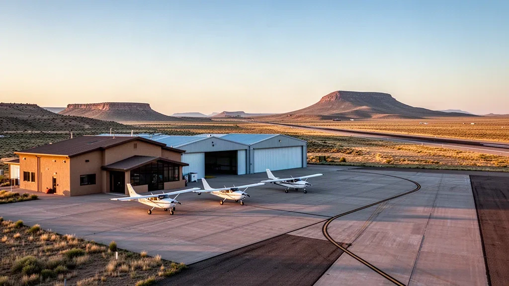 Terminal et hangars de l'aéroport municipal de Tucumcari sur les hautes plaines du Nouveau-Mexique à l'heure dorée, avec des avions légers stationnés sur le tarmac