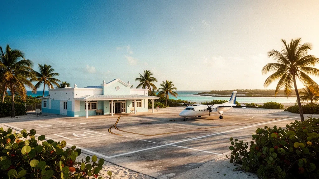 Plataforma bañada por el sol y terminal de poca altura en el aeropuerto de Treasure Cay, en la isla de Abaco, Bahamas, rodeados de palmeras con una pequeña aeronave de cercanías