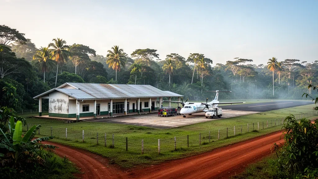 Low-slung terminal and apron at Tarapacá Airport surrounded by Amazon rainforest in Colombia, with a small turboprop aircraft under humid morning light